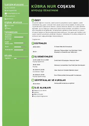 Biyoloji Öğretmeni CV Örnekleri cv indir